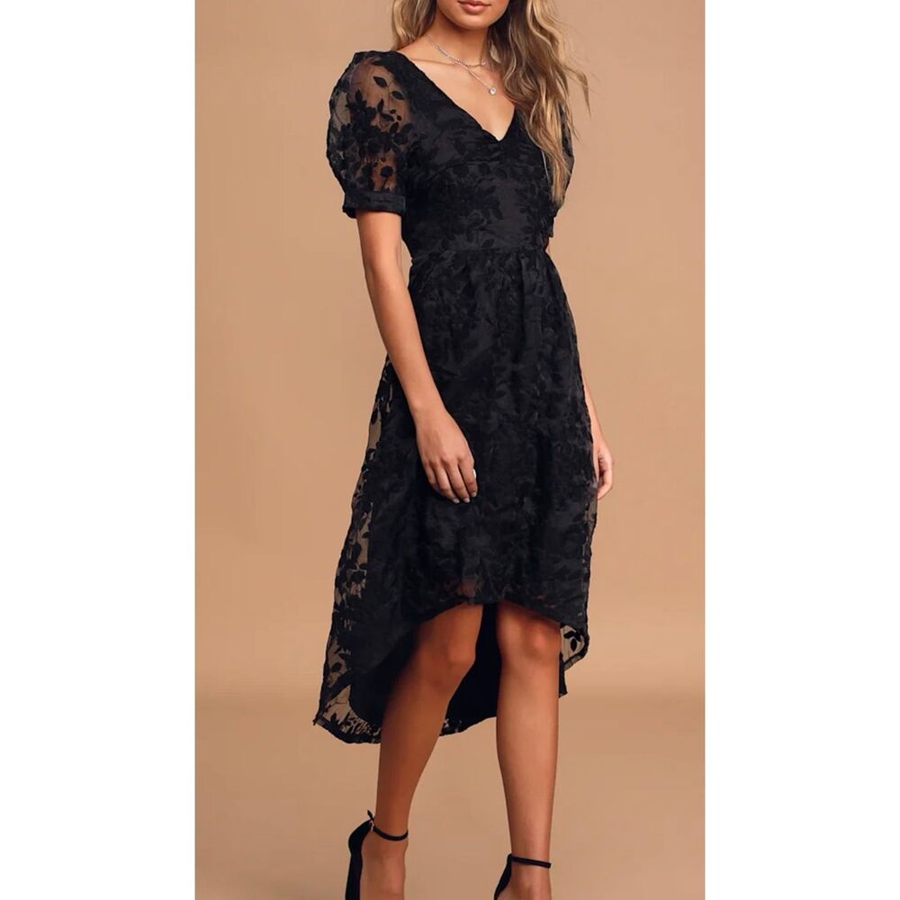 Lulus be my date black floral embroidered high low midi dress m - Picture 9 of 10